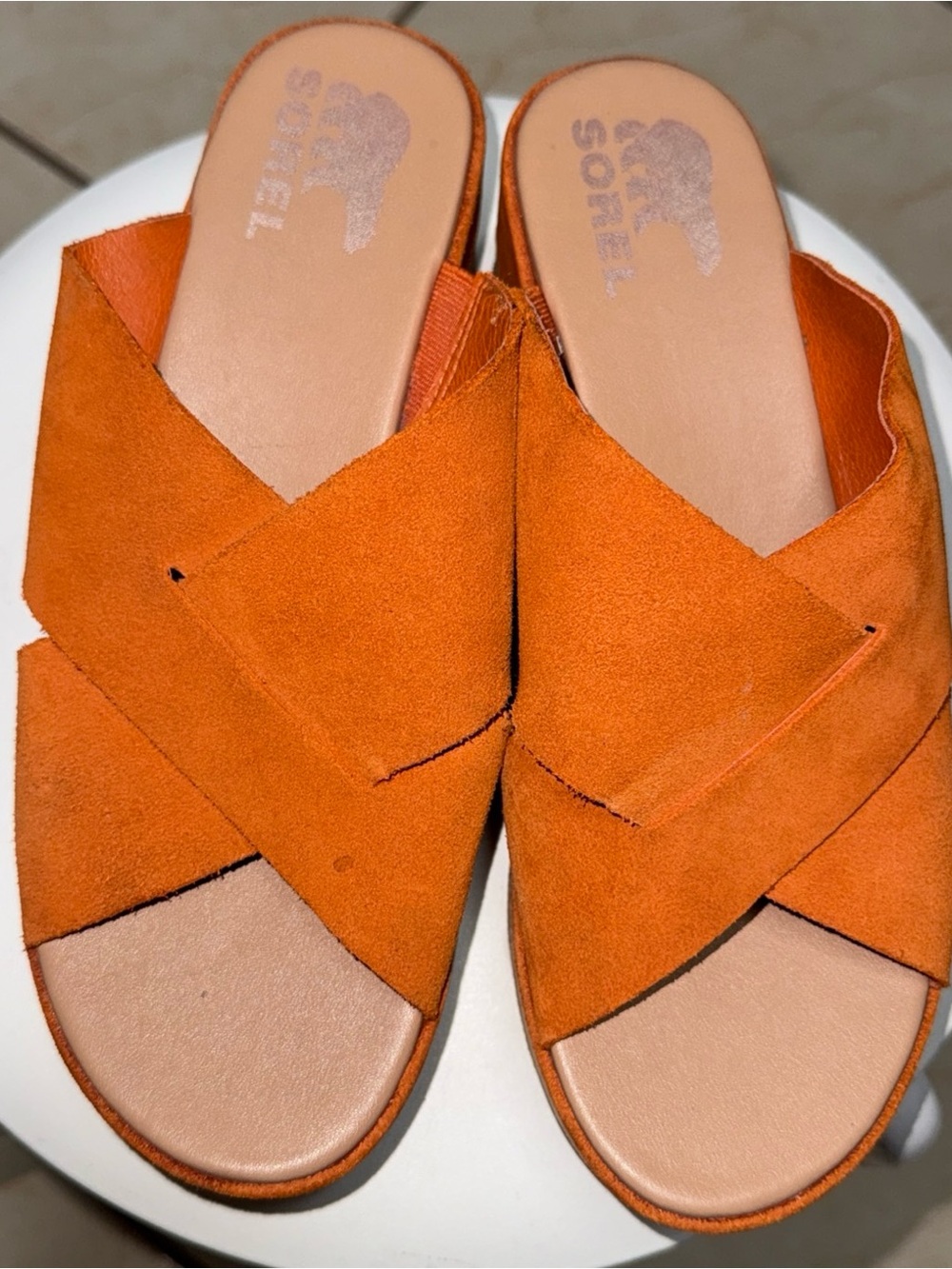 Sorel Women's Orange Suede Crossband Orange Slide Sandals